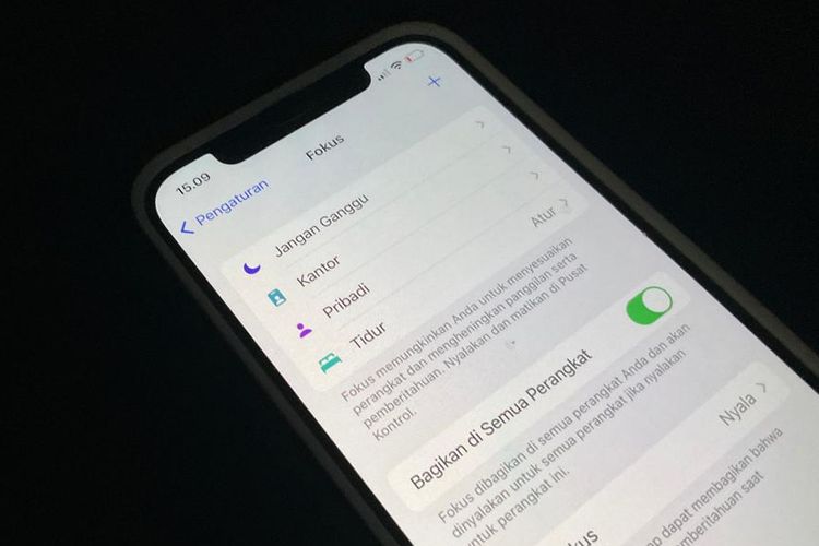 Tampilan mode jangan ganggu iPhone yang berada di opsi Focus dalam menu pengaturan perangkat.