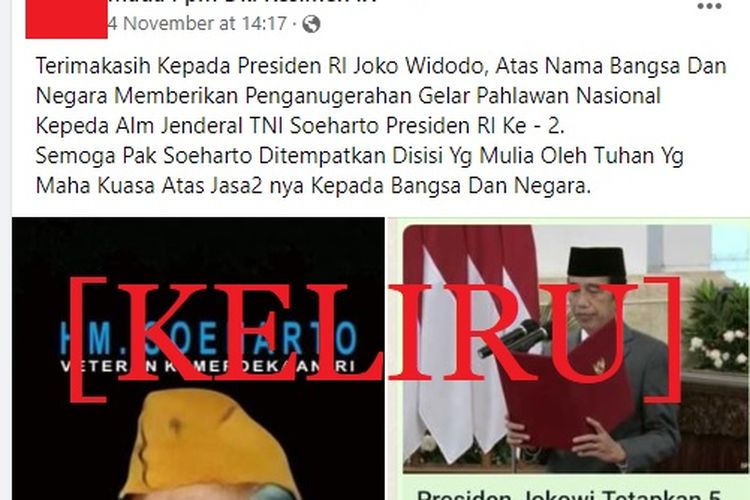 Tangkapan layar Facebook narasi yang menyebut bahwa presiden kedua Indonesia, Jenderal Soeharto diberikan gelar pahlwan nasional oleh Jokowi