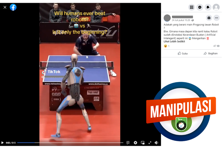 Tangkapan layar konten manipulasi di sebuah akun Facebook, 24 Juli 2023, soal video pertandingan tenis meja melawan robot AI.