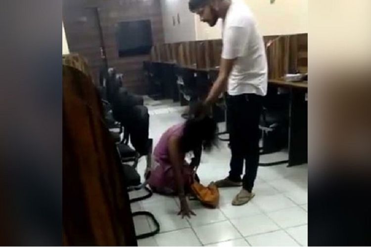 Dalam video itu terlihat tersangka menyeret rambut perempuan itu dan membantingnya ke lantai.