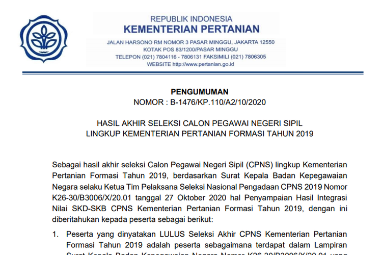 Tangkapan layar pengumuman hasil akhir seleksi CPNS 2019 Kementan.