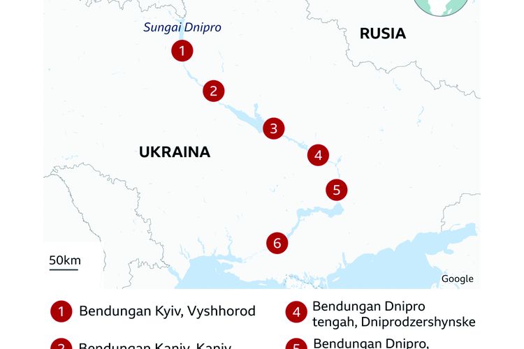 Bendungan Ukraina sepanjang Sungai Dnipro.