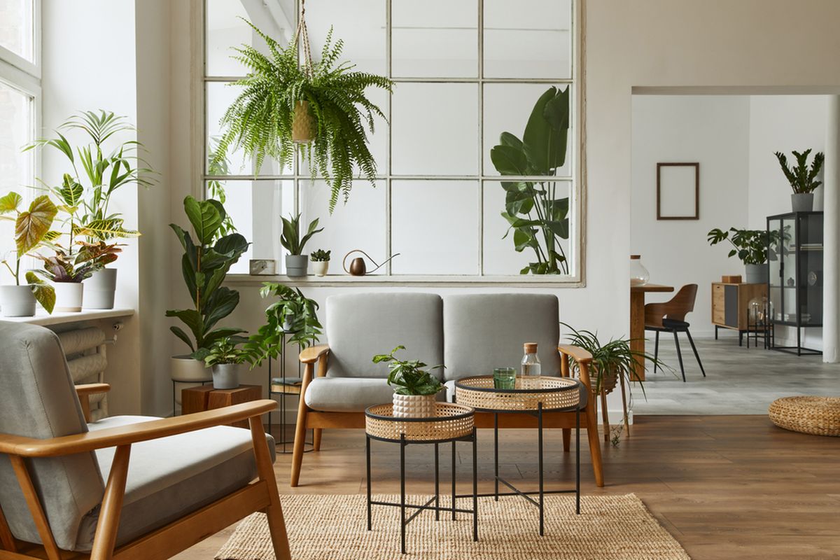 Ilustrasi furnitur kayu modern bergaya Skandinavia. 