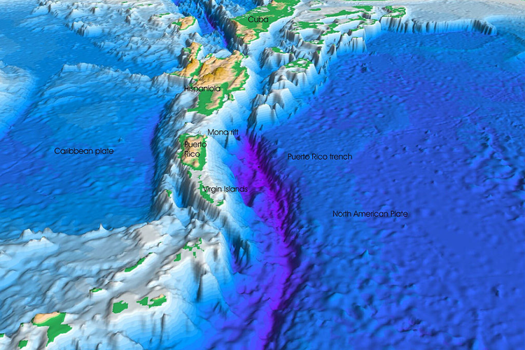 Perspektif pemandangan dasar laut Samudra Atlantik dan Laut Karibia. Dasar laut ungu di tengah pemandangan adalah parit Puerto Rico, bagian terdalam dari Samudra Atlantik dan Laut Karibia.