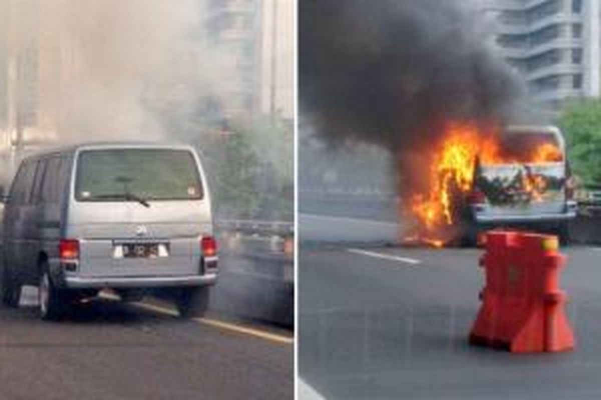 VW Caravelle yang terbakar di tol dalam kota, Jumat (13/6/2014).