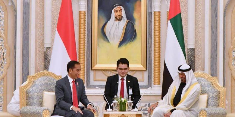 President Joko Widodo (left) holds a bilateral meeting with Sheikh Mohammed bin Zayed Al Nahyan (right), crown prince of Abu Dhabi and deputy supreme commander of the UAE Armed Forces in Qasr Al Watan in Abu Dhabi on January 12, 2020. 