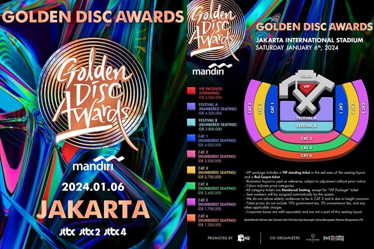Jadwal, harga, seating plan, dan cara beli tiket Golden Disc Awards 2024 di Jis, Jakarta, Indonesia.