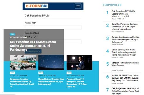 [POPULER TREN] Cara Cek Penerima BLT UMKM via eform.bri.co.id | Deretan Temua Baru Terkait Virus Corona