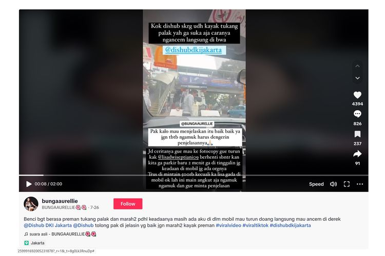 Video viral di media sosial memperlihatkan pengemudi mobil yang kesal dengan Dinas Perhubungan (Dishub) yang ingin menderek mobilnya karena parkir sembarangan.