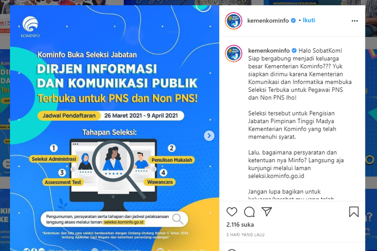 Tangkapan layar pengumuman pembukaan seleksi jabatan Kominfo