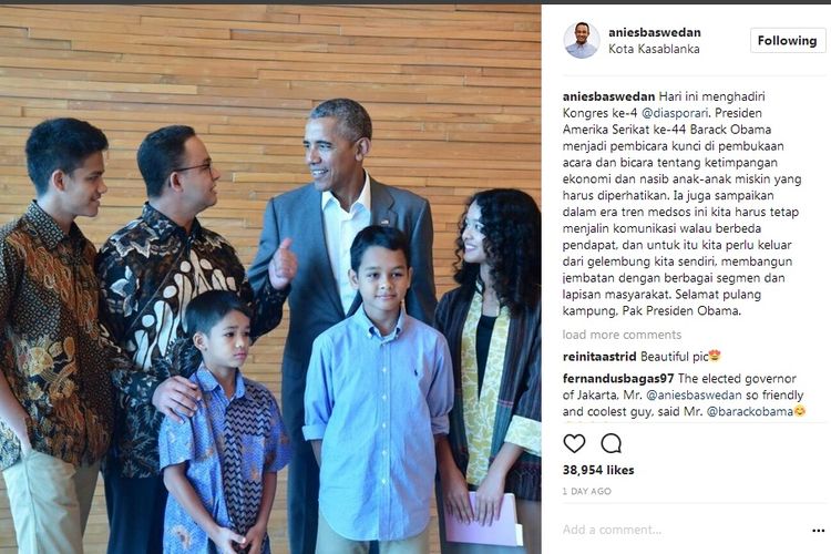Melalui akun Instagram miliknya, gubernur terpilih DKI Jakarta Anies Baswedan mengunggah foto bersama Presiden ke-44 Amerika Serikat Barack Obama.