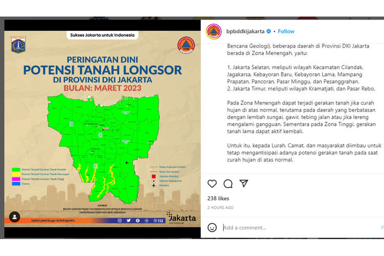Badan Penanggulangan Bencana Daerah (BPBD) DKI Jakarta mengeluarkan peringatan dini adanya potensi tanah longsor pada Maret 2023. 