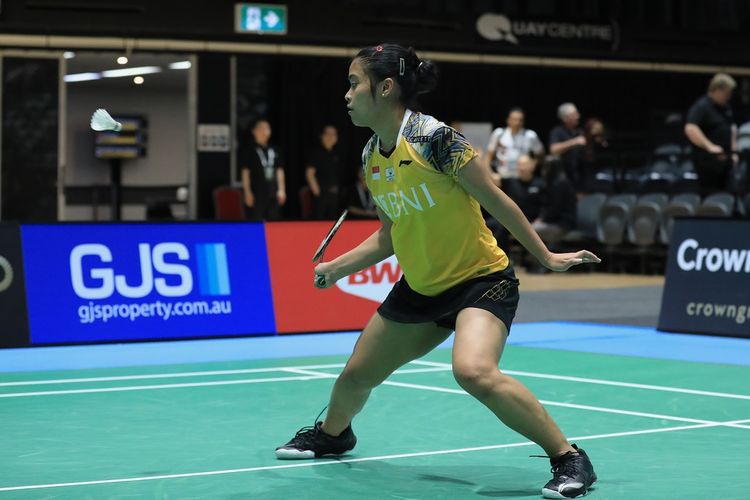 Tunggal putri Indonesia Gregoria Mariska Tunjung saat tampil melawan wakil Jepang, Saena Kawakami, pada perempat final atau 8 besar Australian Open 2022 di  Quay Centre, Sydney, Australia, Jumat (18/11/2022).