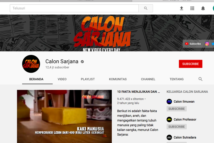 Screenshoot akun YouTube Calon Sarjana yang diduga mengambil konten milik YouTuber asing.
