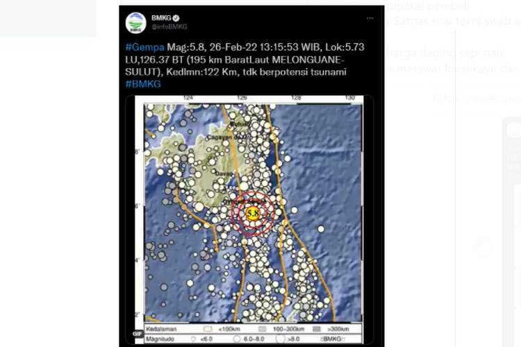 Tangkapan layar gempa di Melonguane, Sulawesi Utara pada Sabtu (26/2/2022) pukul 13.15 WIB.