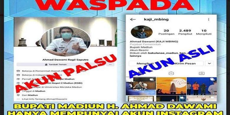 Screenshot akun palsu di Facebook yang mengatasnamakan Bupati Madiun. 