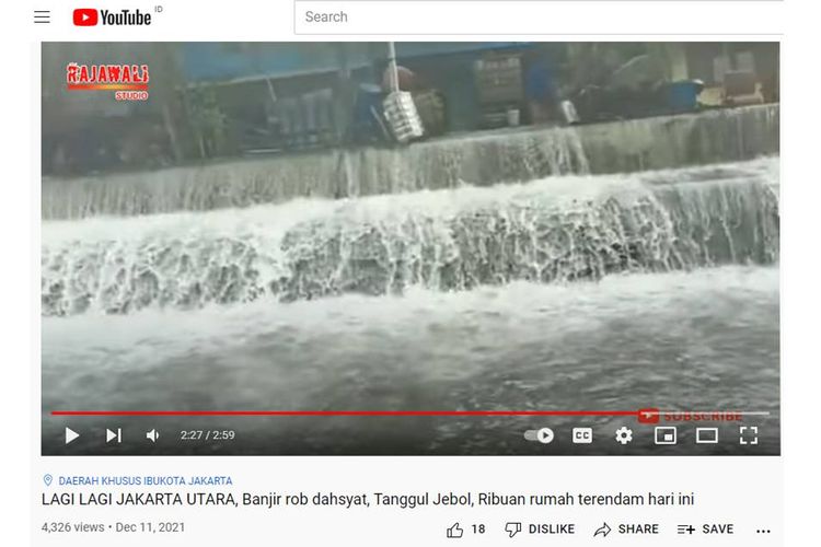 Tangkapan layar unggahan Youtube tentang hoaks air di Jakarta Utara meluap parah