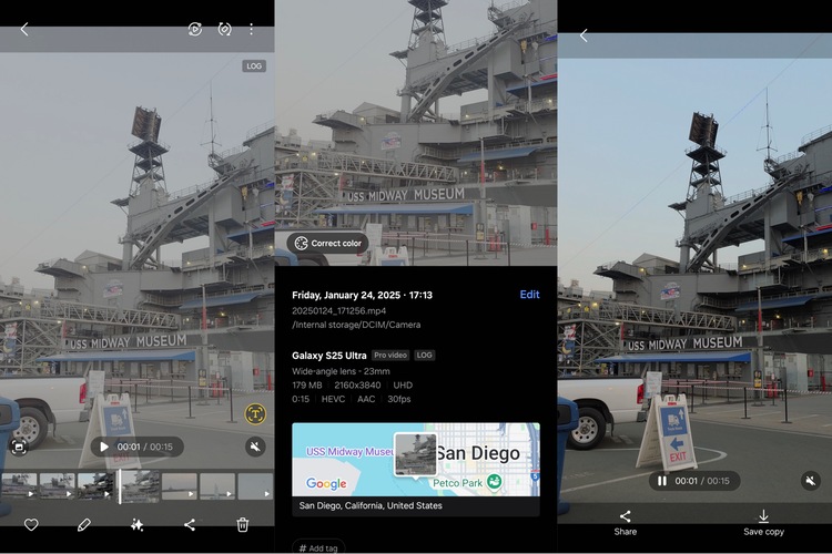 Pengguna bisa mengonversi video log ke profil warna standar langsung di smartphone. Caranya, pengguna bisa menggunakan fitur Correct color bawaan di HP Samsung Galaxy S25 series. Opsi ini bisa ditemukan dengan cara menggulirkan layar ke atas pada hasil video log di galeri.