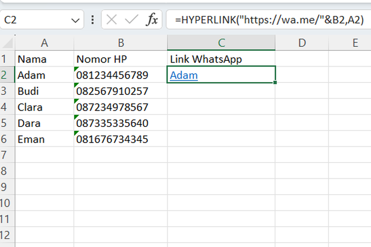 Ilustrasi cara membuat link WA di Excel.