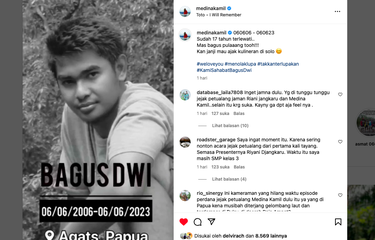 Tangkapan layar Instagram Medina Kamil mengenang kameramen Jejak Petualang Bagus Dwi yang hilang di Papua
