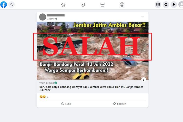 Tangkapan layar unggahan hoaks di sebuah akun Facebook, Kamis (14/7/2022), tentang video kejadian banjir bandang 13 Juli 2022 di Jember.