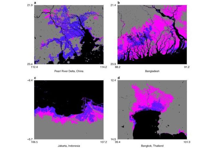 Indonesia dan negara-negara di Asia yang terancam tenggelam pada 2050. Warna biru dan merah muda menunjukkan area yang saat ini sudah berada di bawah permukaan laut.