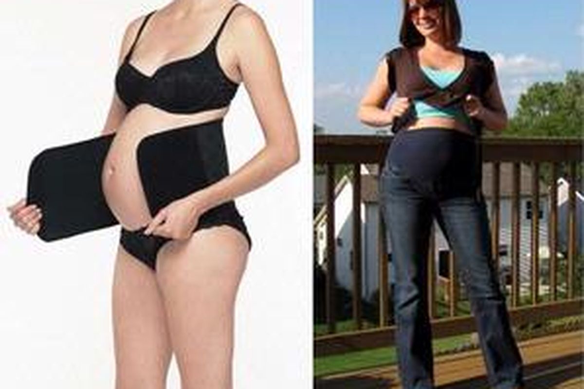 Korset untuk ibu pasca persalinan dari Belly Bandit (kiri). Jeans untuk hamil dilengkapi kantong perut yang elastis.
