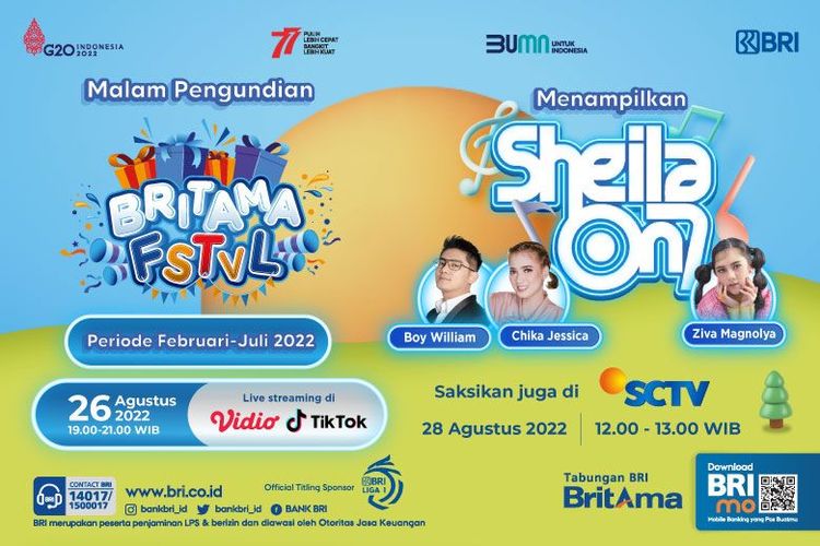 BritAma FSTVL periode keempat akan digelar pada Jumat (26/8/2022) dengan menghadirkan penampilan spesial dari Sheila on 7, Ziva Magnolya, dan Malam Pengundian BritAma FSTVL BRI.