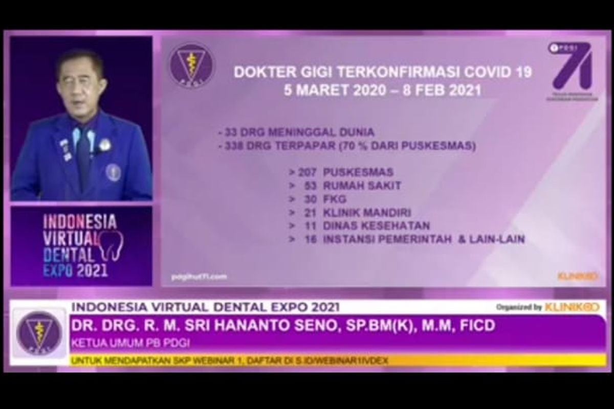 Ketua Umum PB PDGI, Dr. drg. R. M. Sri Hananto Seno, Sp.BM (K)., MM. FICD saat memberikan sambutan dalam acara Pembukaan Indonesia Virtual Dental Expo (IVDEX) 2021 pada Selasa (9/2/2021) pagi