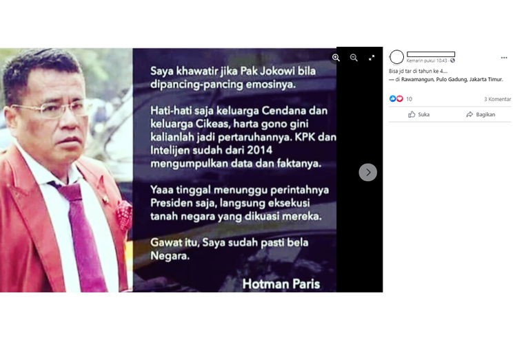 Unggahan gambar berisi narasi yang diklaim pernyataan dari pengacara Hotman Paris Hutapea tentang ancaman Jokowi ke keluarga cendana dan cikeas.