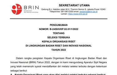 Pengumuman lowongan kerja di lingungan Badan Riset dan Inovasi Nasional (BRIN).