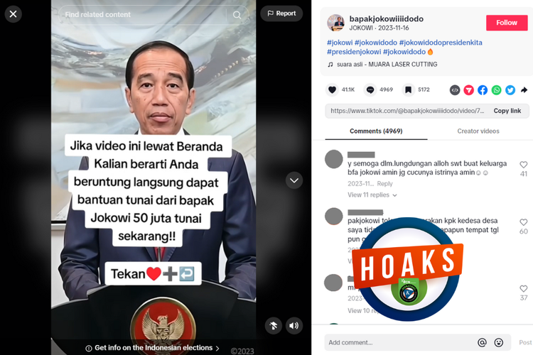 Tangkapan layar konten hoaks di sebuah akun TikTok, soal bantuan uang tunai Rp 50 juta dari Jokowi.