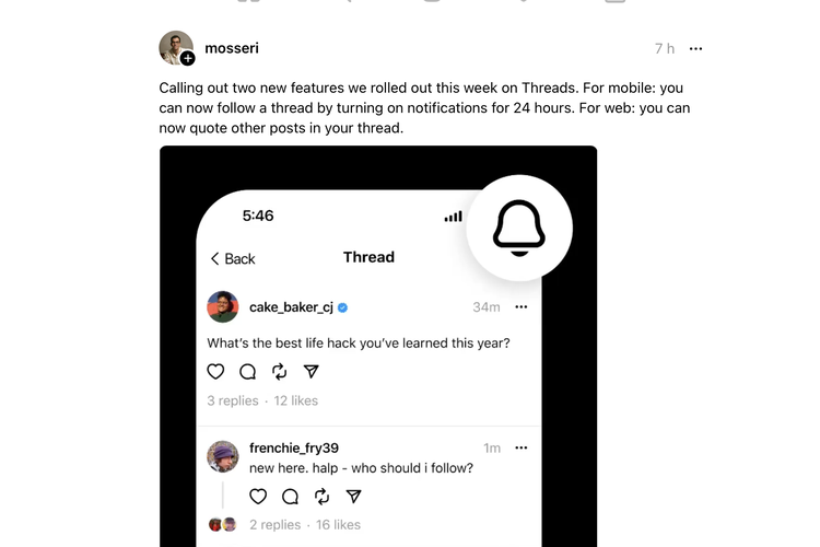 Pengumuman CEO Instagram, Adam Mosseri bahwa Threads versi web kini sudah dapat Quote konten dari akun lain