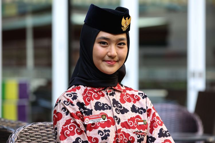 Tim Pasukan Pengibar Bendera Pusaka (Paskibraka) Nasional upacara HUT Kemerdekaan Ke-77 RI tahun 2022, Ayumi Putri Sasaki saat ditemui di Jakarta, Kamis (18/8/2022). Ayumi Putri Sasaki terpilih jadi pembawa Merah Putih saat diturunkan.