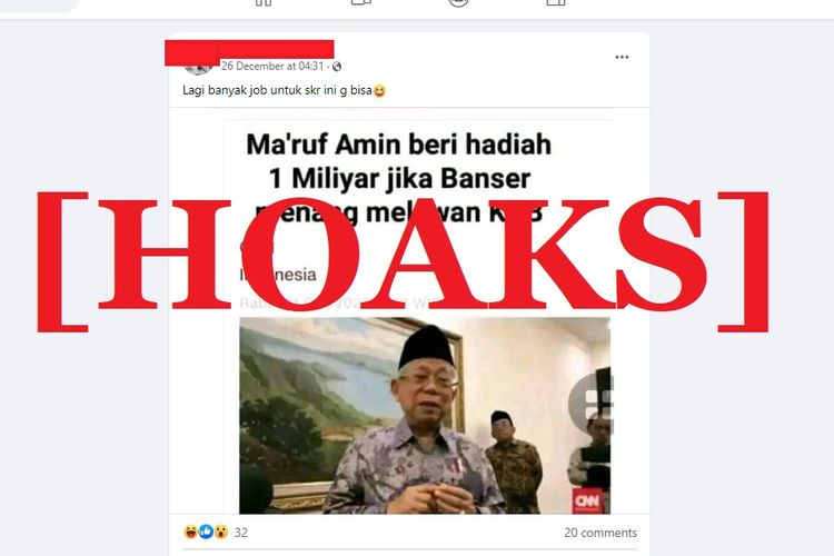Tangkapan layar Facebook narasi yang menyebutkan bahwa Wapres Ma'ruf Amin akan memberikan hadiah Rp miliar jika Banser menang melawan KKB