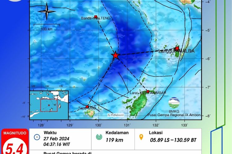 Peta gempa M 5,4 di Laut Banda, Maluku