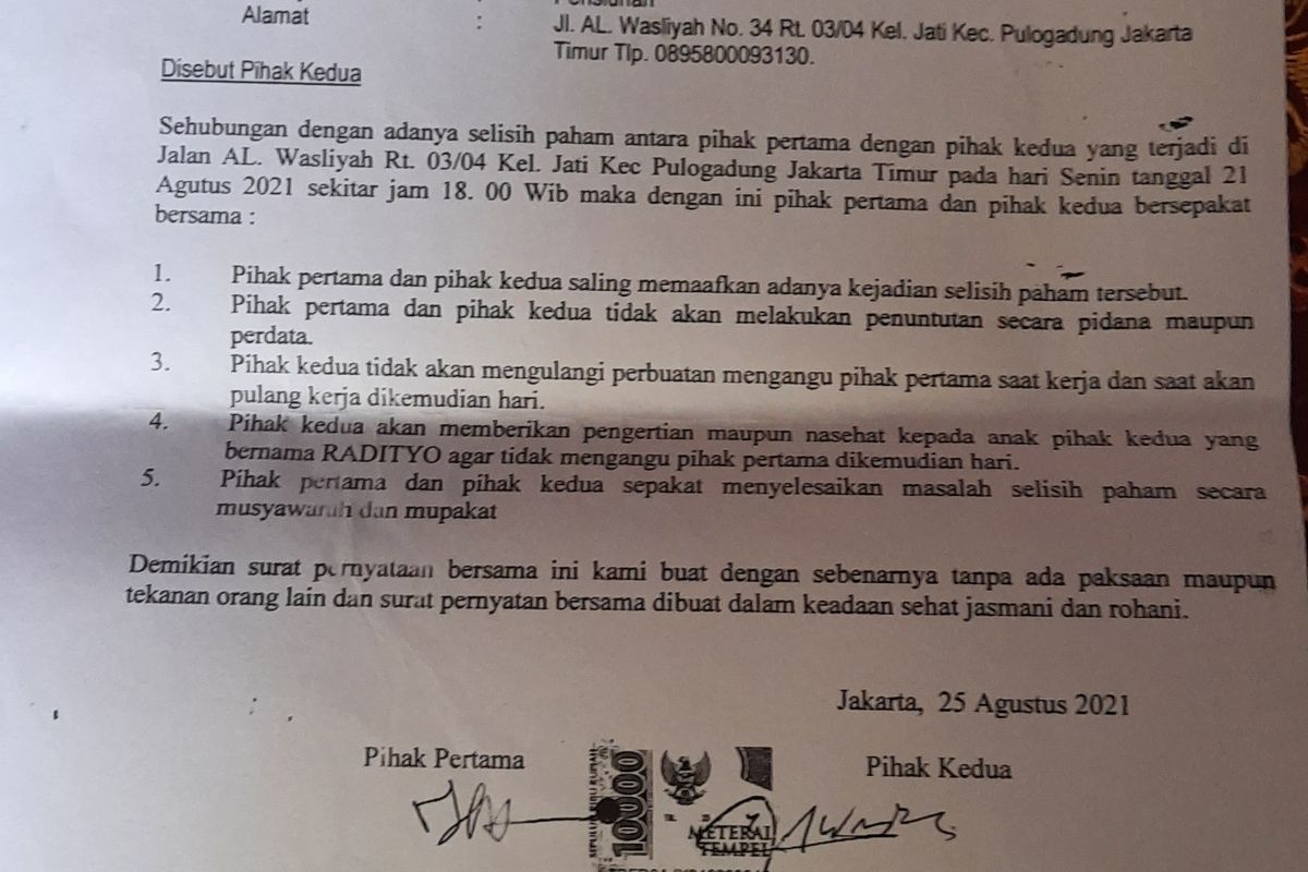 Kasus penganiayaan seorang perempuan asisten rumah tangga (ART) berinisial Y di Jalan Alwashliyah RT 003 RW 004, Jati, Rawamangun, Pulogadung, Jakarta Timur, berujung damai.