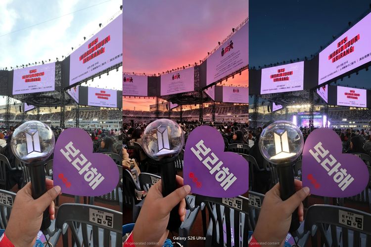 Hasil editan Galaxy AI di Samsung S26 Ultra. Suasana sebelum konser yang terlihat flat bisa dibuat lebih dramatis dengan menambahkan elemen langit ungu-kemerahan ala sunset.
