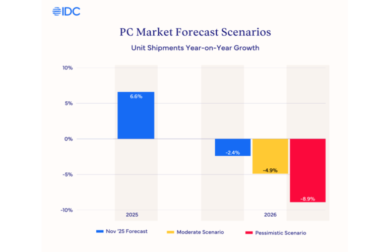 IDC memperkirakan bahwa pengiriman PC global pada tahun 2026 akan turun hingga 4,9 persen.