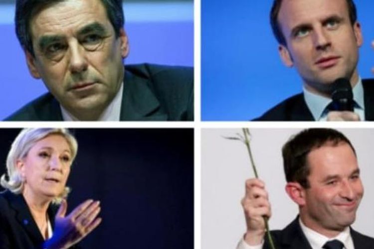 Empat politisi yang akan bersaing dalam pemilihan presiden Perancis 2017, searah jarum jam, Francois Fillon, Emmanuel Macron, Benoit Hamon, dan Marine Le Pen.