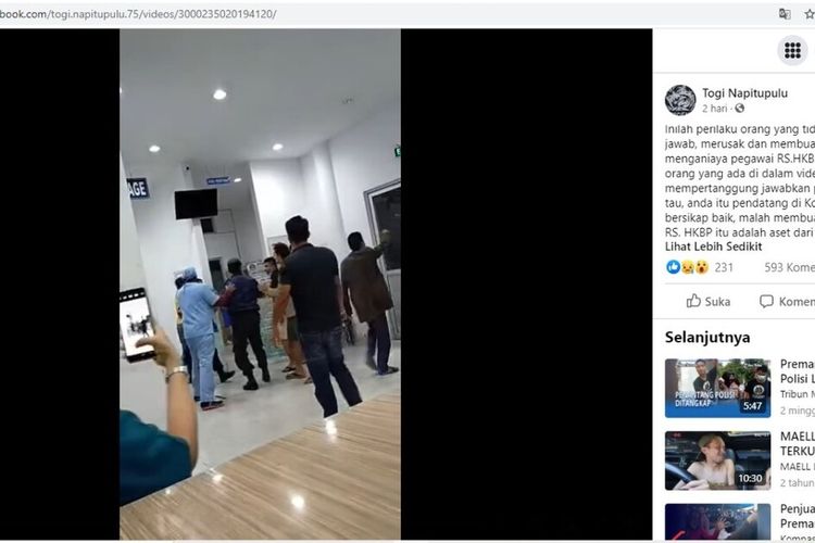 Tangkapan layar video yang diunggah memperlihatkan keributan di RSU HKBP Balige. Keributan bermula saat dua orang datang dan menilai saudaranya yang mengalami kecelakaan lalu lintas tunggal tidak mendapatkan perawatan maksimal.