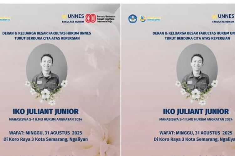 KEMATIAN JANGGAL - Ucapan duka dari Unnes atas kematian Iko Juliant Junior yang meninggal dunia dalam kondisi penuh kejanggalan, Senin (1/9/2025). 