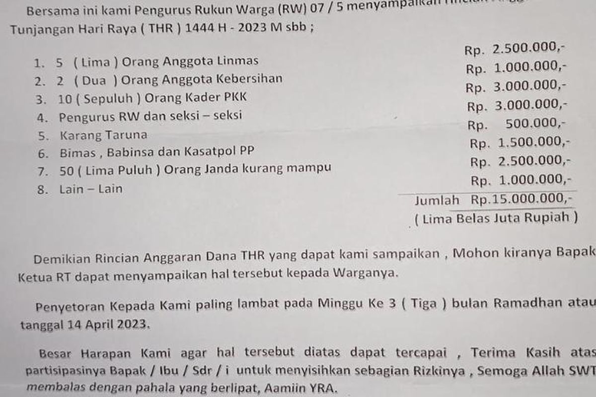 Surat perangkat RW07, Keagungan, Taman Sari, Jakarta Barat, meminta pungutan kepada warganya dengan dalih untuk memberi tunjangan hari raya (THR) dengan total Rp 15 juta.