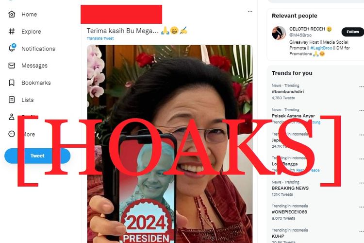 Tangkapan layar Twitter narasi yang menyebut bahwa Megawati menunjukkan gambar Ganjar Pranowo Presiden 2024