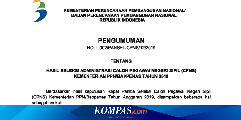 9 177 Pelamar Lolos Seleksi Administrasi Cpns 2019 Di Kementerian Ppn Bappenas Ini Link Pengumumannya Halaman All Kompas Com