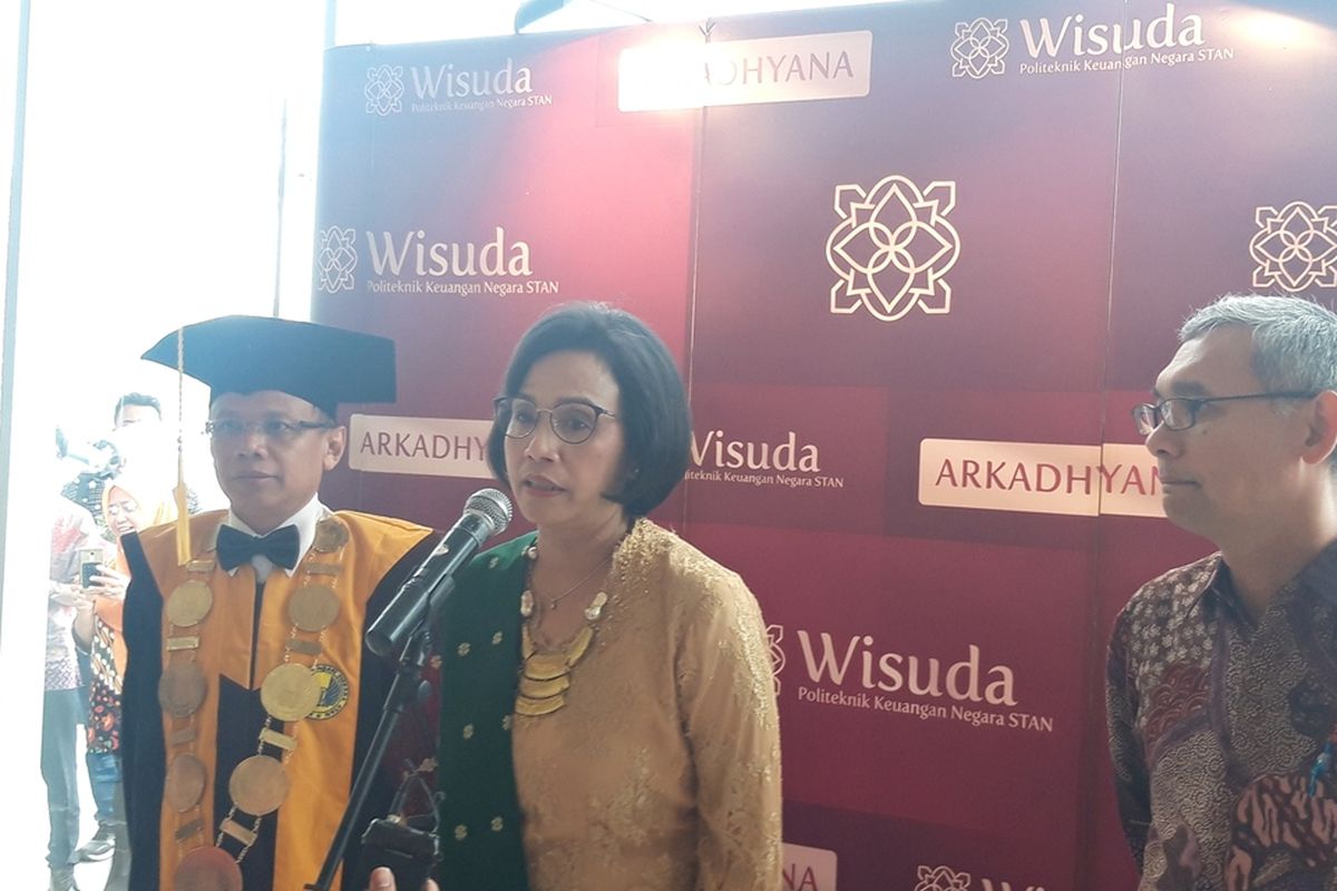 Menteri Keuangan Sri Mulyani Indrawati di wisuda akbar mahasiswa PKN STAN di ICE BSD Tangerang Selatan, Kamis (19/9/2019).