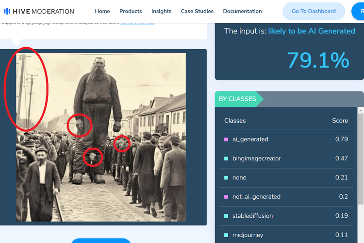 Tangkapan layar pendeteksi gambar AI yang dikembangkan Hive Moderation, menunjukkan gambar raksasa Neanderthal yang beredar kemungkinan besar dibuat dengan AI.