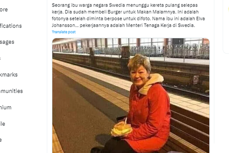 Tangkapan layar unggahan X soal penampilan Ylva Johansson, yang saat itu menjabat sebagai menteri di Swedia, menunggu kereta untuk pulang