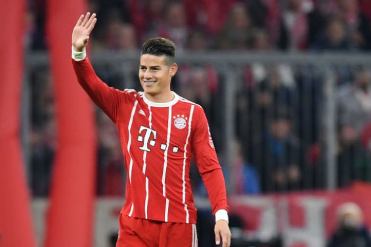 Ekspresi gelandang FC Bayern Muenchen, James Rodriguez, usai mencetak gol ke gawnag RB Leipzig pada lanjutan Liga Jerman di Allianz Arena, Sabtu (29/10/2017).