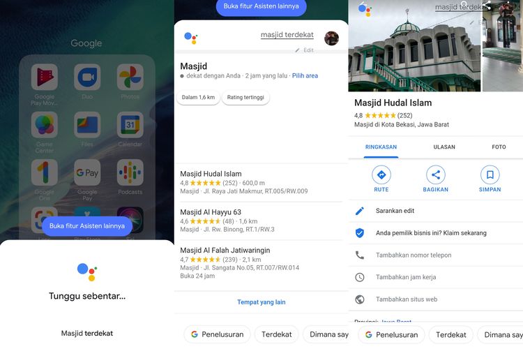 Pencarian masjid terdekat menggunakan fitur Google Assistant.